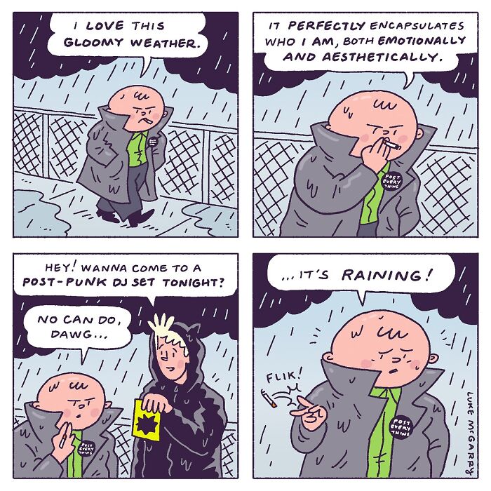 Comic by Luke McGarry depicts a character appreciating rainy weather, humorously declining a DJ invite due to the rain.
