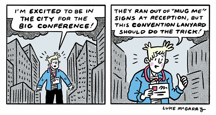 Comic by Luke McGarry: A character humorously comments on a convention lanyard amidst city skyscrapers.