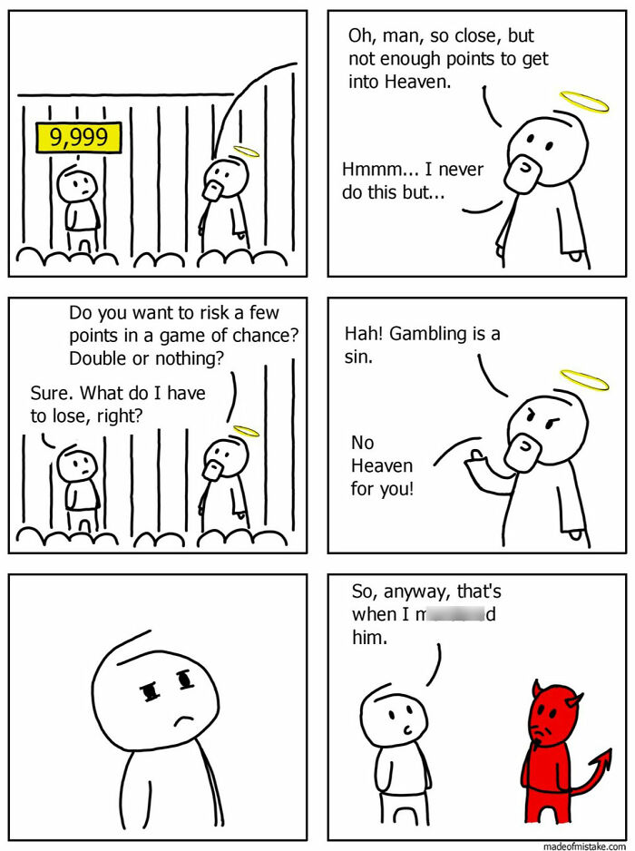 Minimalistic comic of a character attempting to enter Heaven with angel and devil characters discussing points.