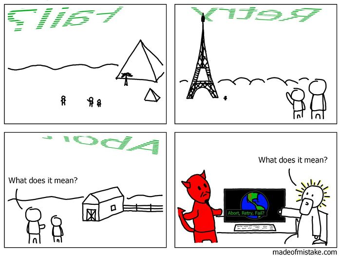 Minimalistic comic with everyday observations showing confused characters under flipped text by Made of Mistake.