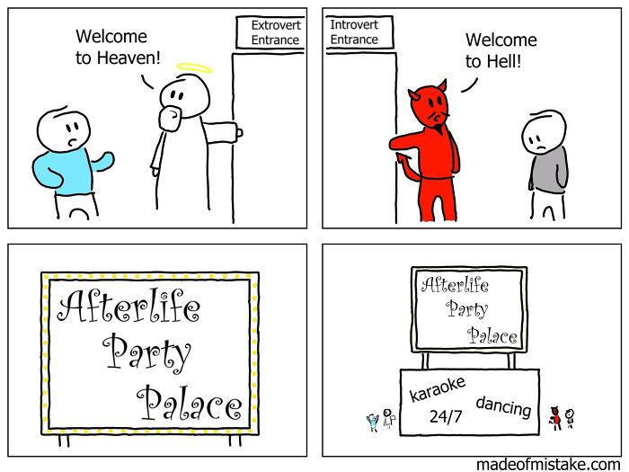 Minimalistic comic about heaven and hell entrances at the Afterlife Party Palace by "Made of Mistake."