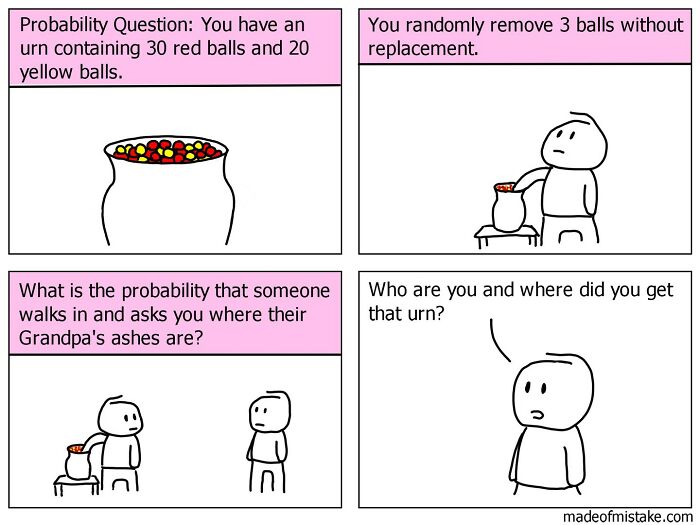 Minimalistic comic about probability with urn and balls joke by "Made of Mistake".