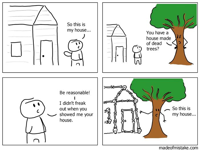 Minimalistic comic about a stick figure and a talking tree discussing their houses.