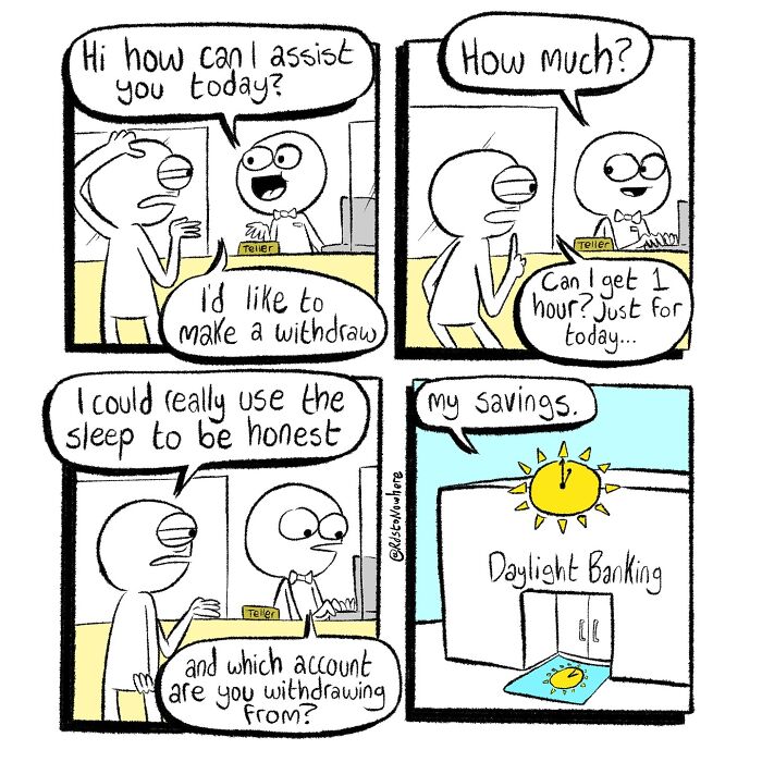 Comic strip by artist Ryan Rds featuring a humorous twist on withdrawals at a bank named Daylight Banking.