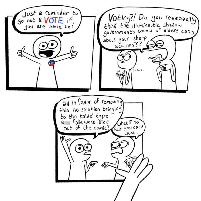 Comic artist Ryan Rds presents a humorous twist on voting and conspiracy theories in a four-panel comic strip.