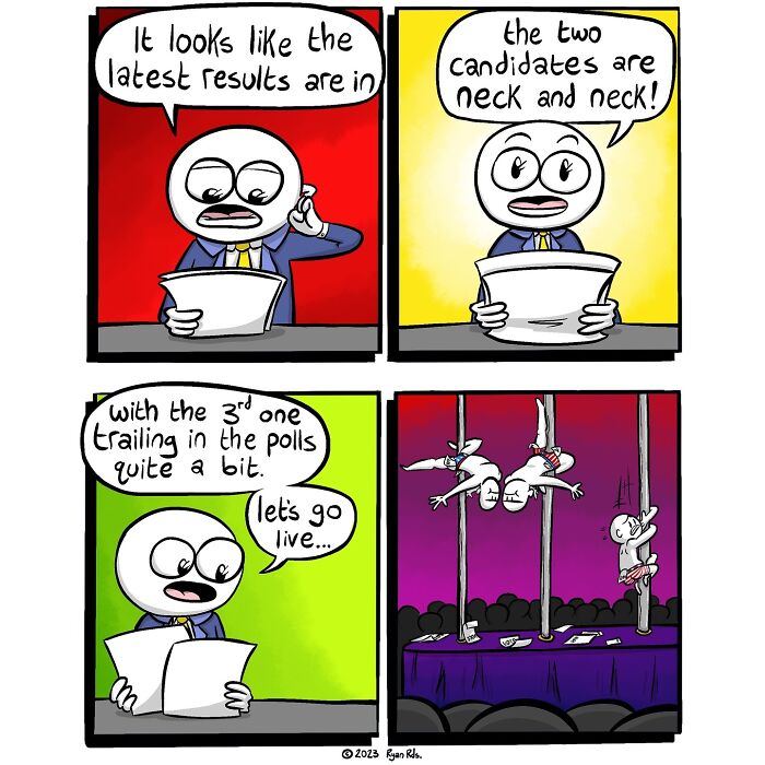 Comic by artist Ryan Rds featuring a twist in election results with a humorous depiction of candidates on poles.