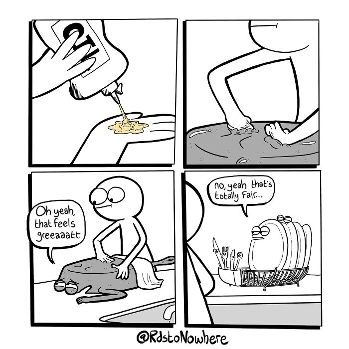 Comic by artist Ryan Rds shows a character massaging a dish with soap, while another dish observes humorously.