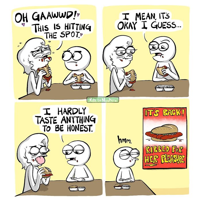 Two characters eating sandwiches with mixed reactions. Comic art by Ryan Rds shows humor and irony in fast food experience.