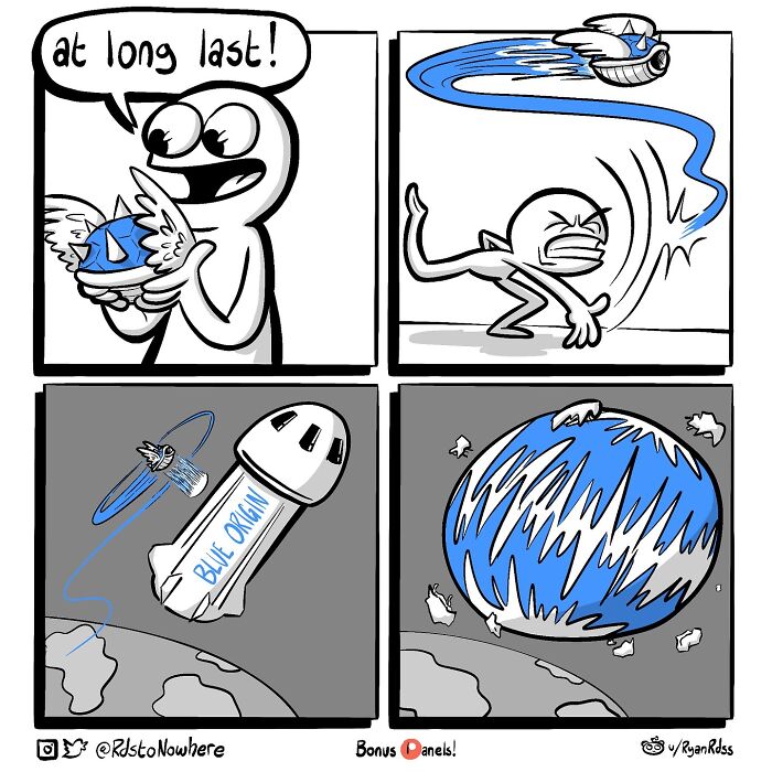 Comic by artist Ryan Rds featuring a character throwing a winged object labeled "Blue Origin" into space.