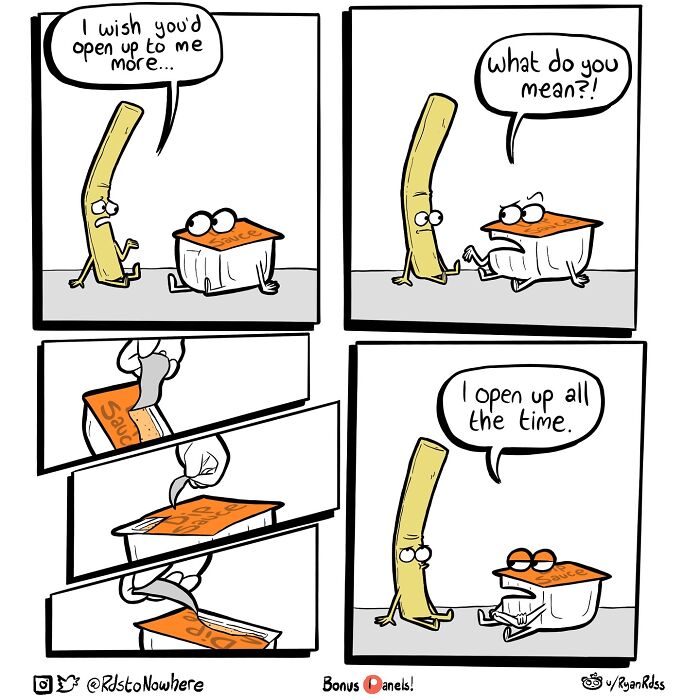 Comic by artist Ryan Rds featuring a humorous interaction between a fry and a sauce packet.