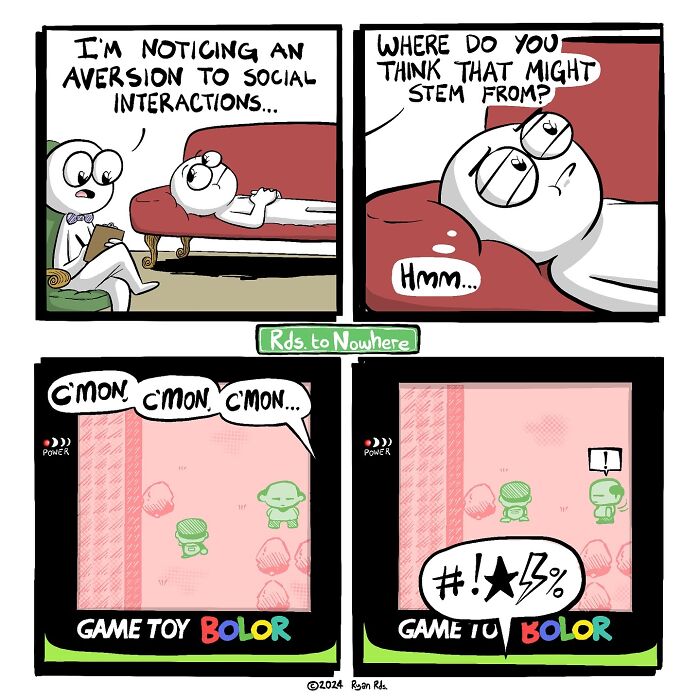 Comic by Ryan Rds featuring a humorous twist with characters discussing social aversion and gaming frustrations.