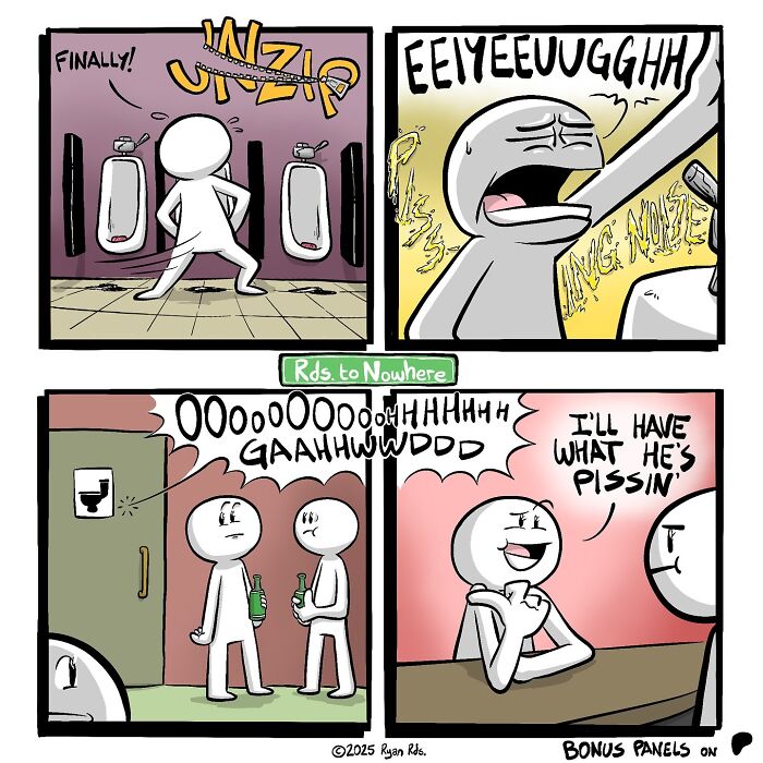 Comic by Ryan Rds featuring humorous twist in a restroom scene with characters reacting dramatically.