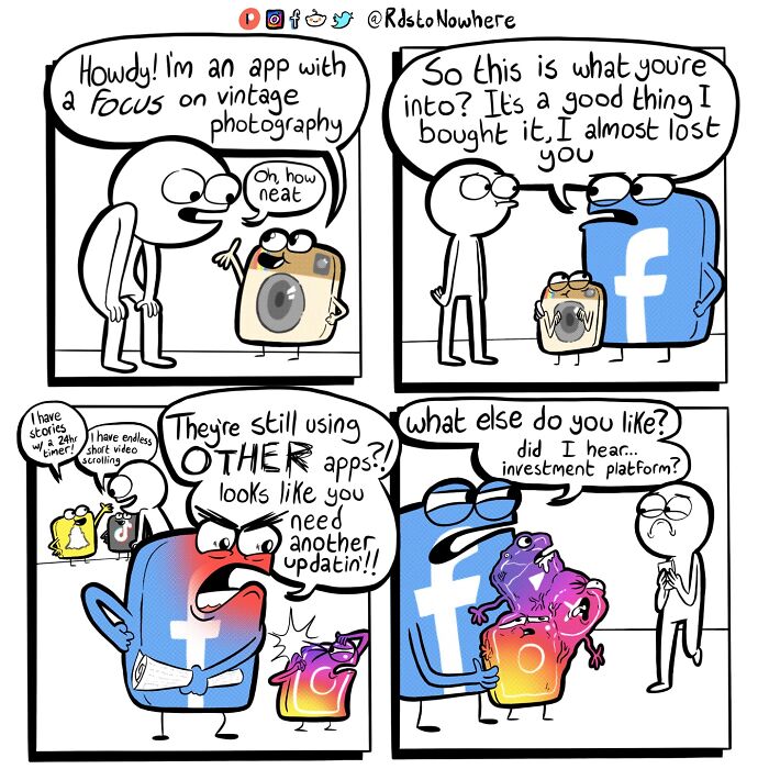 Comic by Ryan Rds featuring a humorous take on social media apps interacting and competing.