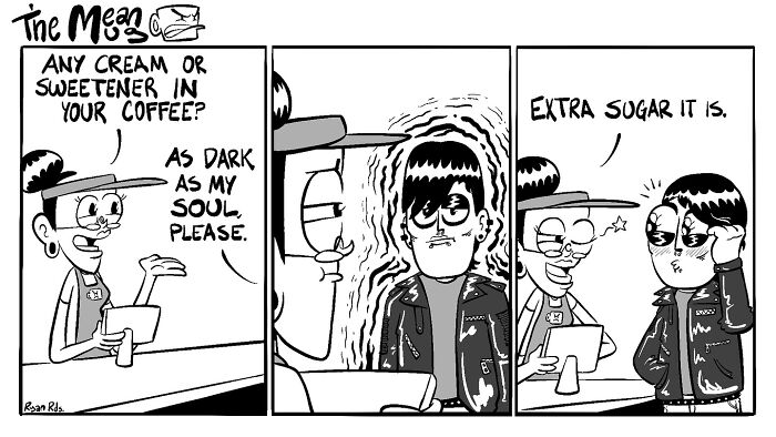 Comic by artist Ryan Rds featuring a witty coffee dialogue twist with a barista and a customer in a leather jacket.