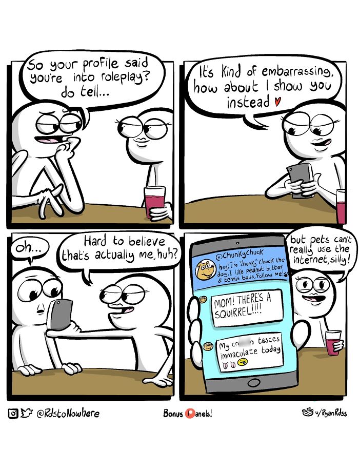 Comic by Ryan Rds shows humorous interaction with a twist on roleplay and pets using the internet.