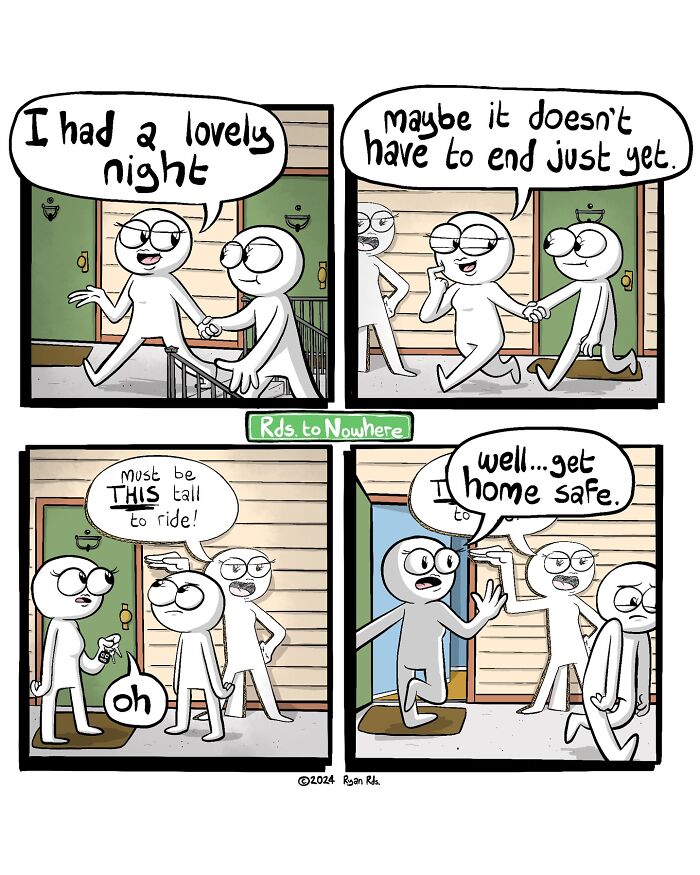Comic strip by Ryan Rds featuring a humorous twist on a night out, with characters sharing a witty exchange at a doorstep.