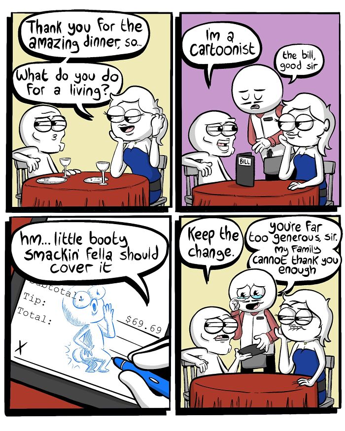 Cartoonist comic strip featuring a humorous dinner conversation about covering a bill with a drawing.
