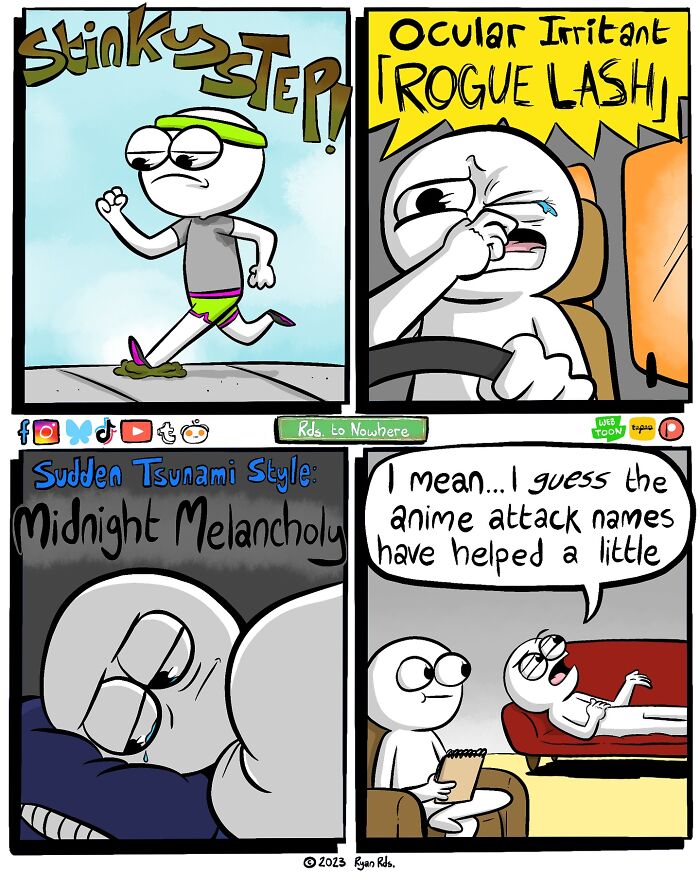 Comic strip by Ryan Rds featuring humorous scenarios with anime attack names like "Stinky Step" and "Midnight Melancholy."