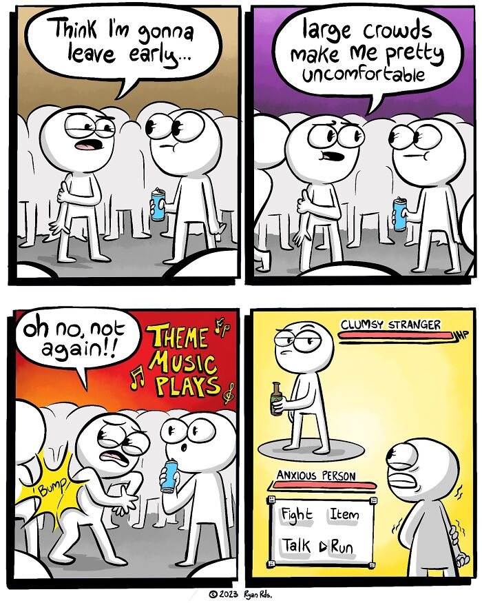 Comic by artist Ryan Rds showing an anxious person in a crowd facing a clumsy stranger, video game style options appear.