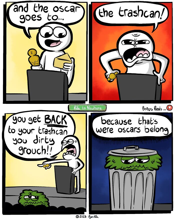 Comic by Ryan Rds featuring a humorous Oscar award scene with a twist.