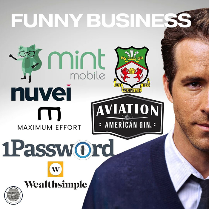 Ryan Reynolds with logos of Mint Mobile, Aviation Gin, and other brands contributing to his net worth. Ryan Reynolds with logos of Mint Mobile, Aviation Gin, and other brands contributing to his net worth.