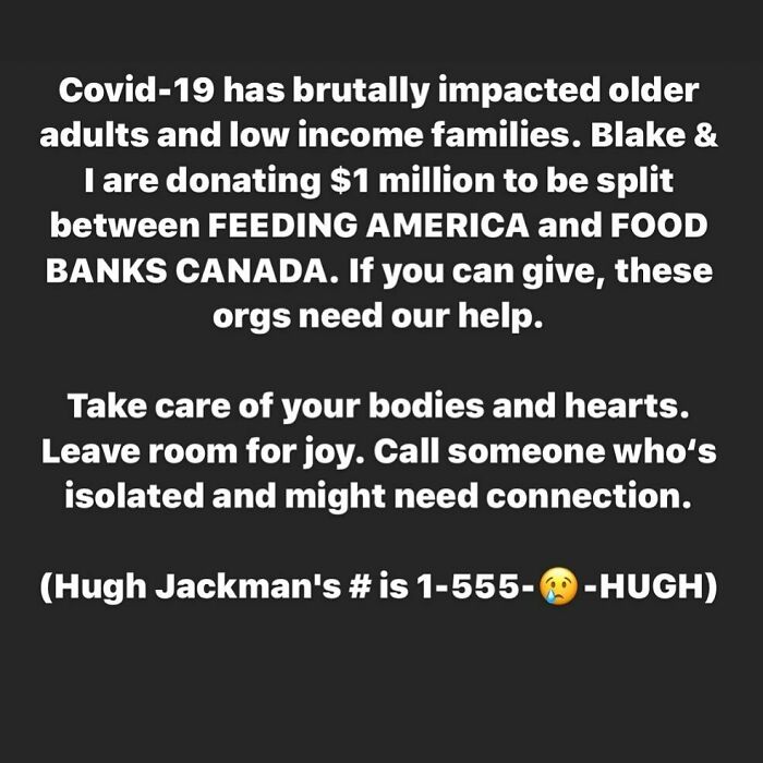 Text highlighting donations by Ryan Reynolds and Blake for Covid-19 relief. Text highlighting donations by Ryan Reynolds and Blake for Covid-19 relief.