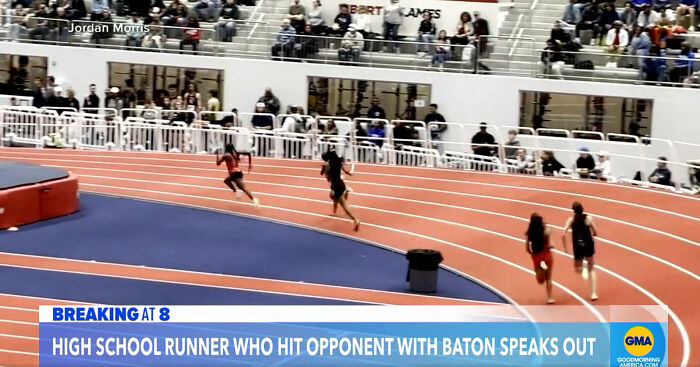 High school runner allegedly hits opponent with baton during indoor track event. High school runner allegedly hits opponent with baton during indoor track event.