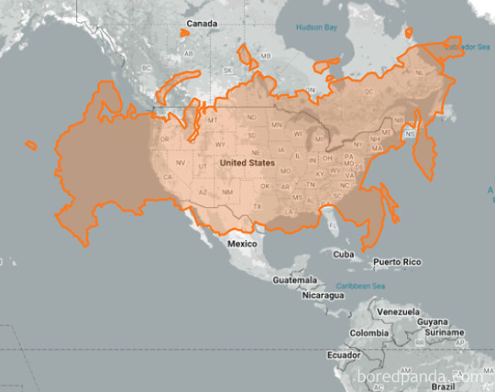 Map comparing the size of Russia to the United States, illustrating how countries are not the size you think they are.
