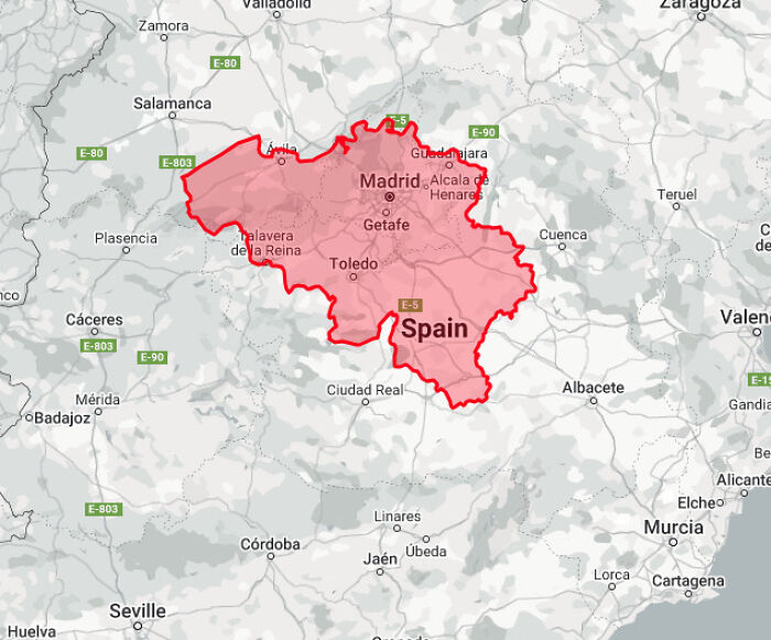 Map showing Belgium overlay on Spain, illustrating how countries are not the size you think.