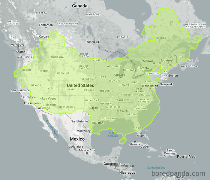 Map showing China's outline overlaid on the USA, illustrating country size differences.