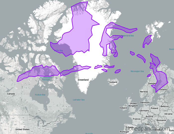Map showing distorted country sizes overlayed on Greenland, illustrating the true size of countries.