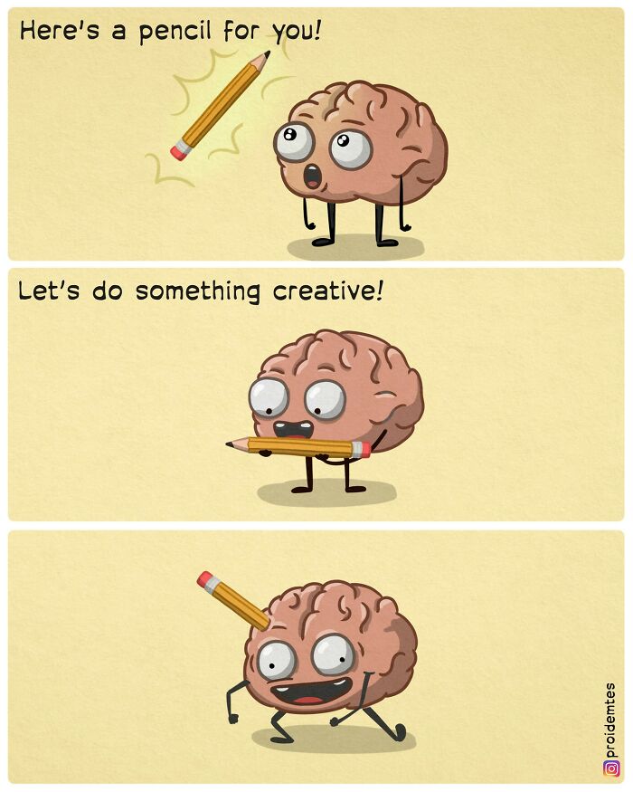 Absurd comic featuring a brain character playfully holding a pencil to inspire creativity.