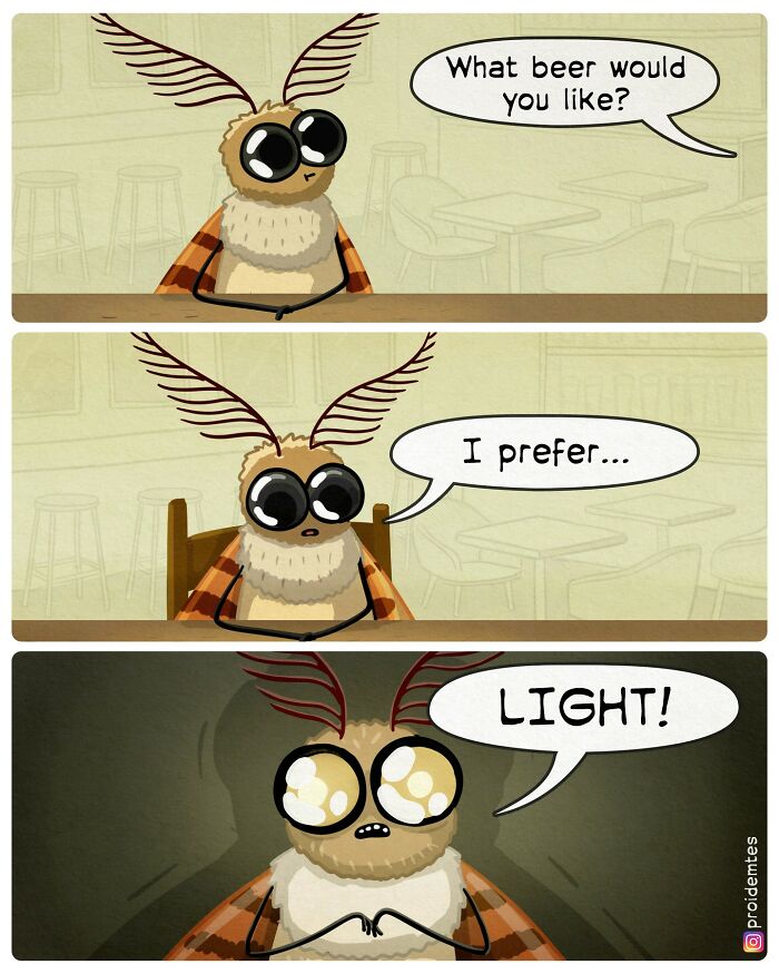 Absurd comic with a moth choosing a beer, humorously emphasizing its preference for "light."
