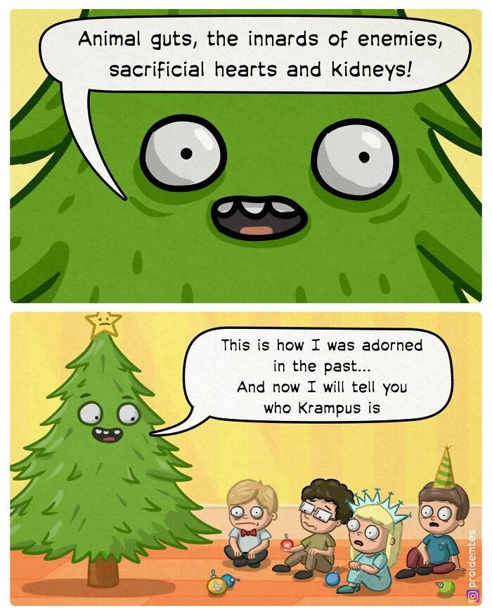 Absurd comic of a talking Christmas tree with kids, sharing a story about past decorations and Krampus.