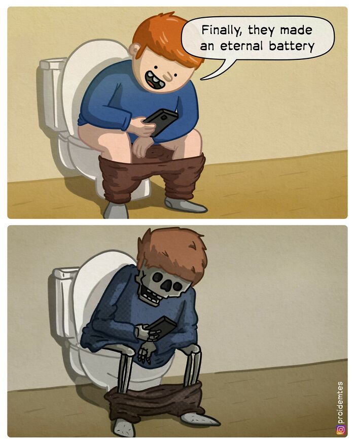 A humorous comic shows a man on the toilet amazed by an eternal battery, later depicted as a skeleton.