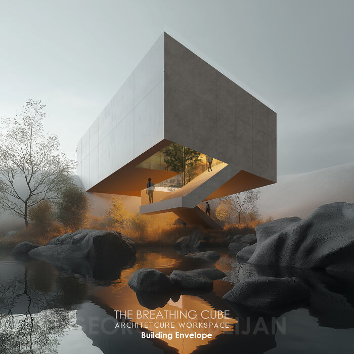 Futuristic AI-generated building design with trees inside, hovering above water and rocks.