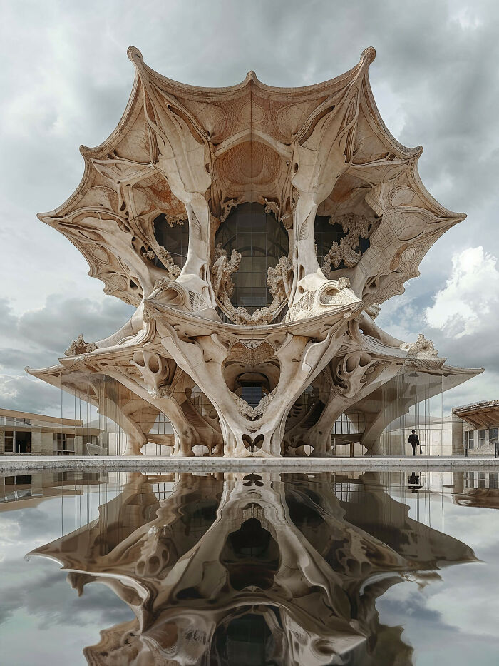 Futuristic architecture with intricate designs, reflecting in water, from AI image competition.