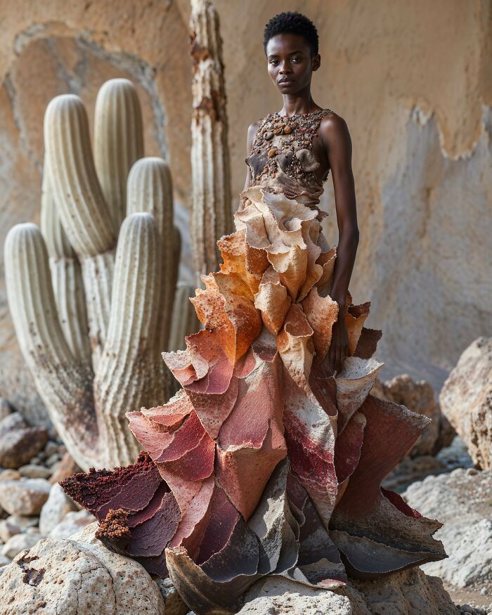 Model in desert landscape wearing intricate AI-designed gown with layered textures, standing beside tall cacti.
