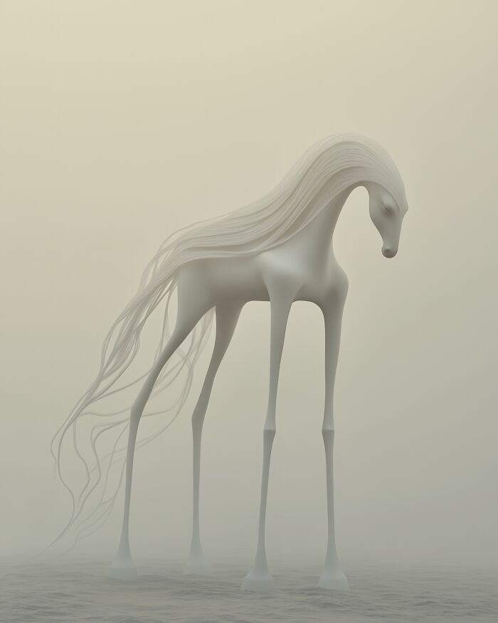 Abstract AI image of a surreal, elongated horse in a misty setting.