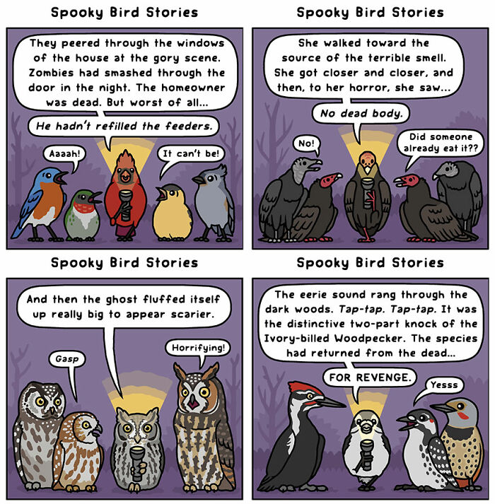 Comic strip by an artist depicting humorous moments in nature with talking birds experiencing spooky scenarios.