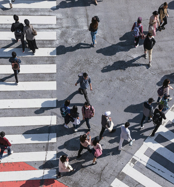 People crossing a city street at a busy crosswalk, their shadows cast on the pavement.