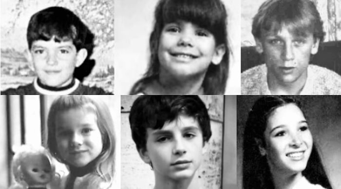 Childhood pictures of celebrities in grayscale, featuring six different young faces, including a girl holding a doll. Childhood pictures of celebrities in grayscale, featuring six different young faces, including a girl holding a doll.