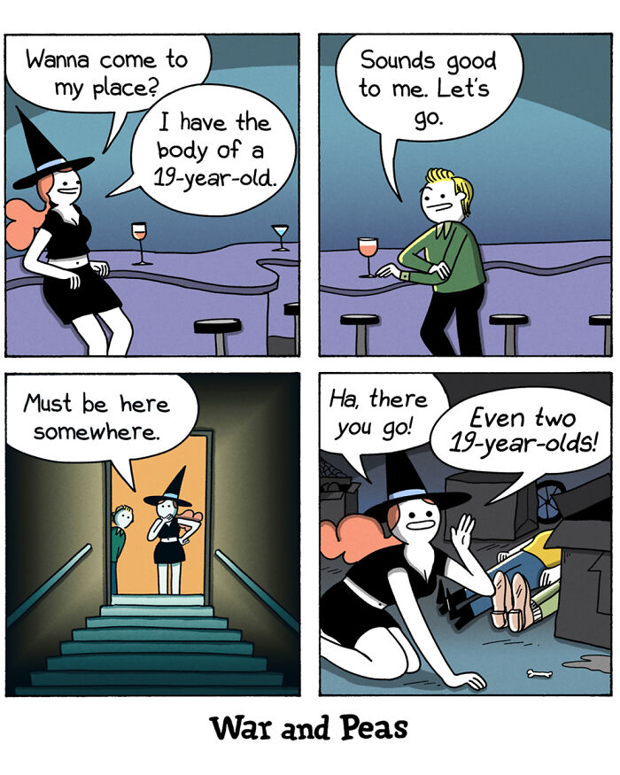 A comic by War and Peas featuring a humorous twist with a witch and a surprising 19-year-old body reveal.