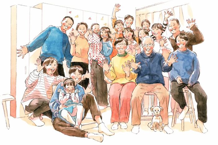 Group of people smiling in a heartwarming painting by Yuuki Nishimura, capturing a wholesome moment together.