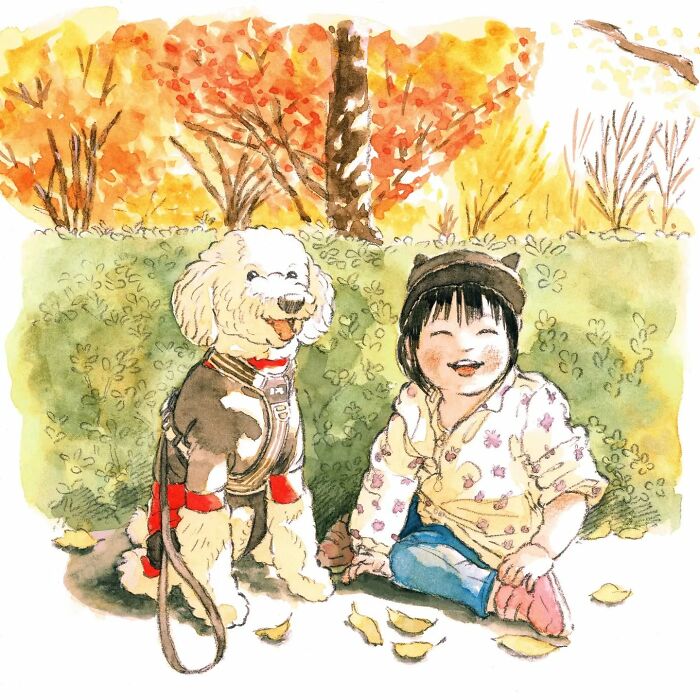 Child laughing with a dog in an autumn park, capturing wholesome moments in a painting by Yuuki Nishimura.
