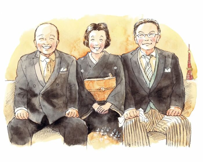 Three elderly people sitting together, smiling warmly, in a painting by Yuuki Nishimura, capturing a wholesome moment.