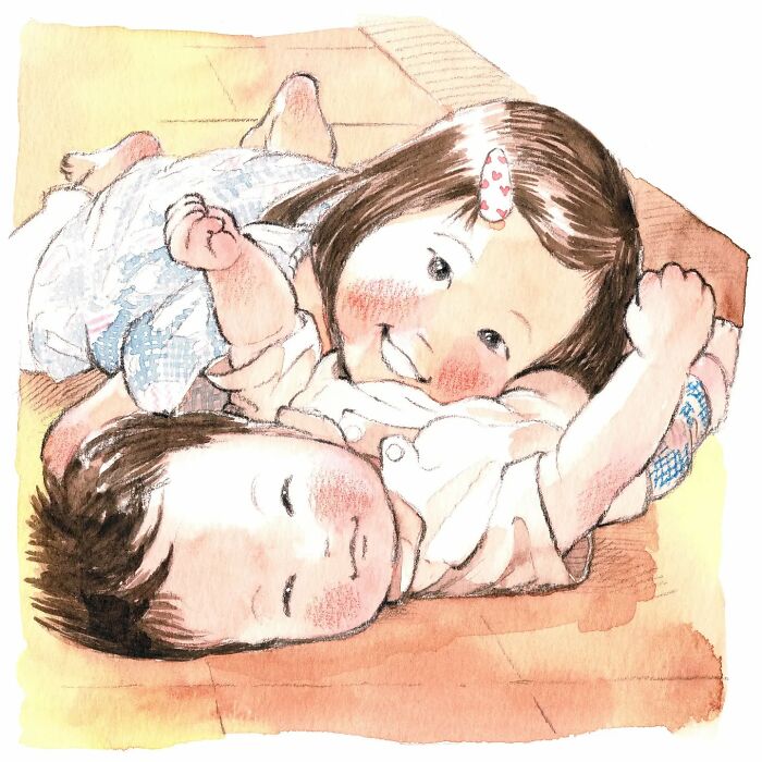 Yuuki Nishimura painting of a child hugging a baby, capturing a heartwarming and wholesome moment.