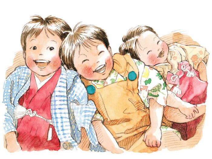 Three joyful children laughing together, showcasing Yuuki Nishimura’s heartwarming paintings of wholesome moments.