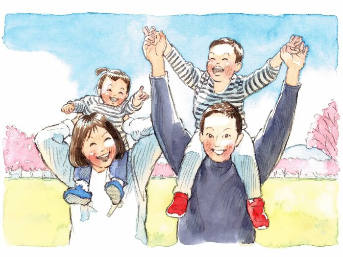 Family enjoying a day in the park, showcasing Yuuki Nishimura's heartwarming paintings of wholesome moments.