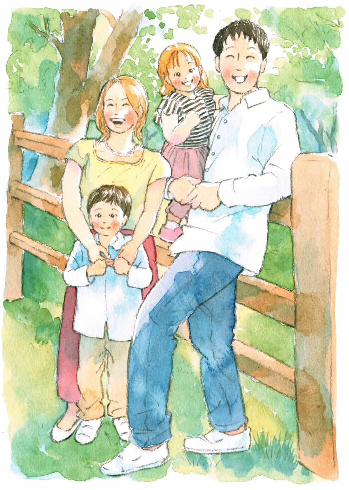 A heartwarming painting by Yuuki Nishimura of a smiling family enjoying a day outdoors near a wooden fence.